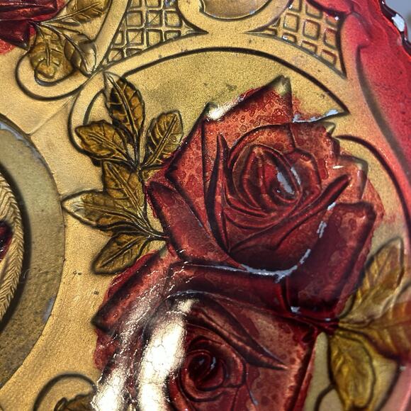 Antique Vintage 1920's  Red & Gold Roses Goofus Glass Plate/Platter 10 3/4" - Picture 7 of 9